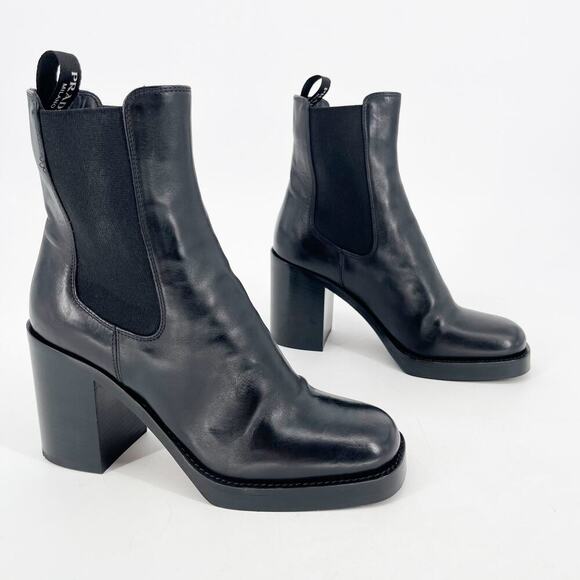 Prada Black Leather Square Toe Block Heel Platform Chelsea Ankle Boot IT 37.5 - Picture 1 of 13